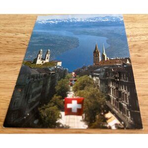 Vintage Swiss Postcard Featuring Zurich's Iconic Skyline & Swiss Flag SKU 0331